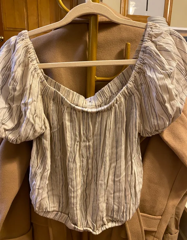 American Eagle Outfitters Ivory White Gray Striped Blouse - Image 3