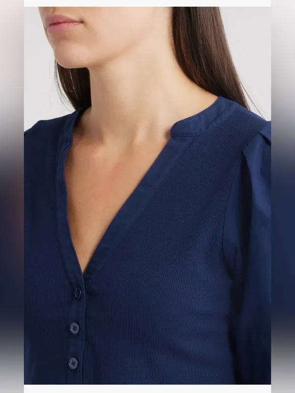 Madewell Puff Sleeve Henley Knit Top Blue Modal Blend Size XL NWT - Image 10