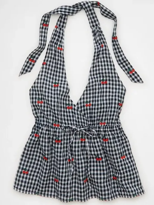 American Eagle Cherry Gingham Halter Peplum Top XS Embroidered Babydoll Y2K - Image 2