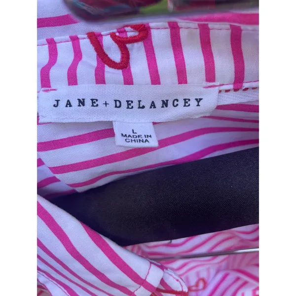 Jane + Delancey Pink White Striped Heart Embroidered Button Down Shirt Large - Image 3