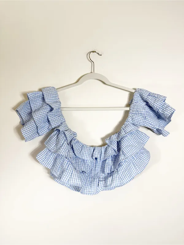 Illa Illa Blue White Gingham Ruffle Off The Shoulder Two Piece Short Set Medium - Image 3