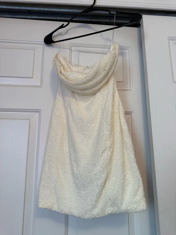 Oh Polly Embellished Strapless Cowl Neck Mini Dress in Ivory - Image 4