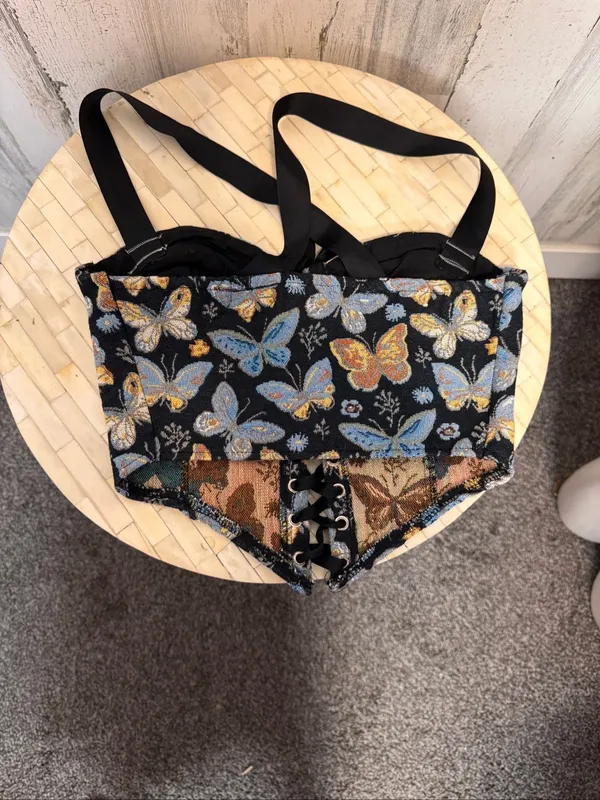 Butterfly Jacquard Tapestry Corset Bustier Crop Top Womens Small Lace Up Front - Image 3