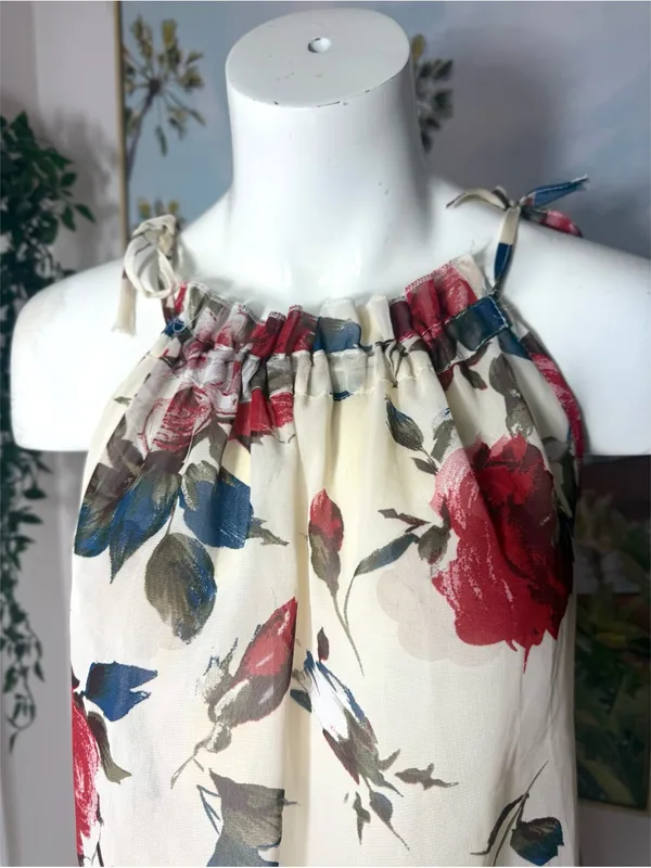 Womens Off White Floral Tank Top Blouse Large Sheer Sleeveless Boho Flow - Image 4