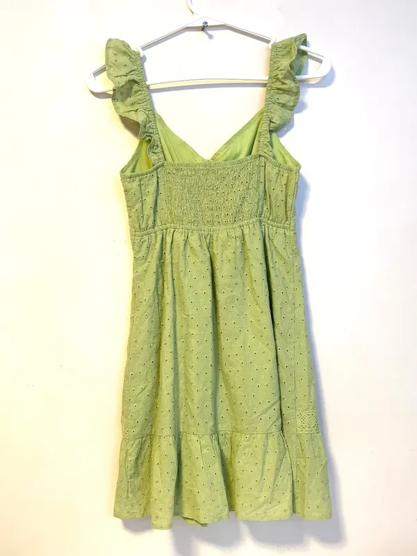 Live to be Spoiled Eyelet Cut Out Front Tie Ruffle Babydoll Sun Dress Green S - Image 2