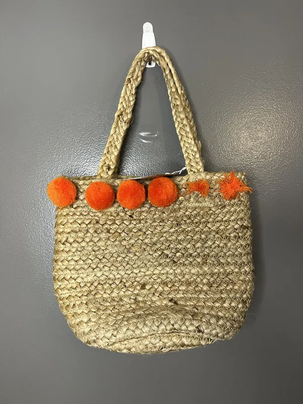Roller Rabbit Naila Tote Bag Womens Small Beige Jute Out Of Office Pom Pom Beach - Image 3