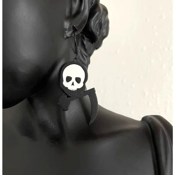 Grim Reaper Scythe Dangle Earrings Goth Spooky Halloween Skull Jewelry - Image 3