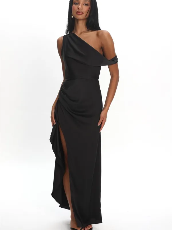 NWT Selfie Leslie Sensations‎ Off Shoulder Satin Maxi Dress Black Womens Size M - Image 5