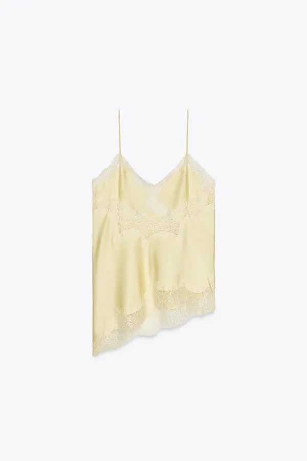 Zara Lace-Trim Satin Cami Top in Pale Butter Yellow - Image 8