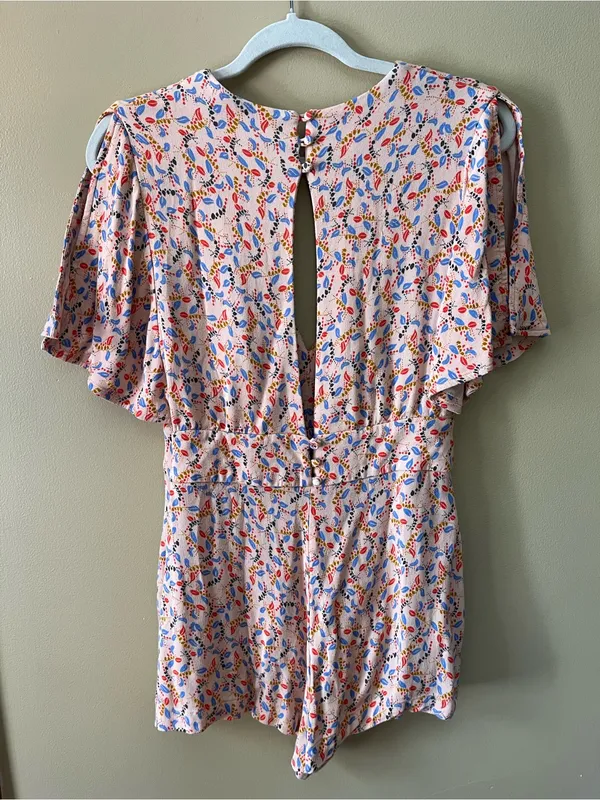 Free People Blush Pink Floral Print Romper with Blue & Red Accents - Image 12