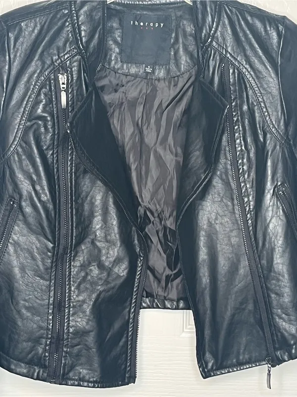 Therapy Black Faux Leather Moto Jacket Sz S Zippers - Image 10