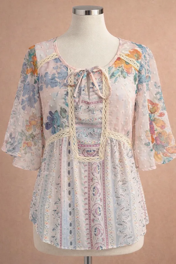 New Direction Boho Floral Sheer Blouse Medium Swiss Dot Lace Peasant Top - Image 3