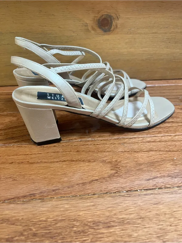 Stuart Weitzman Neutral Strappy Block Heel Square Toe Sandals - Image 6