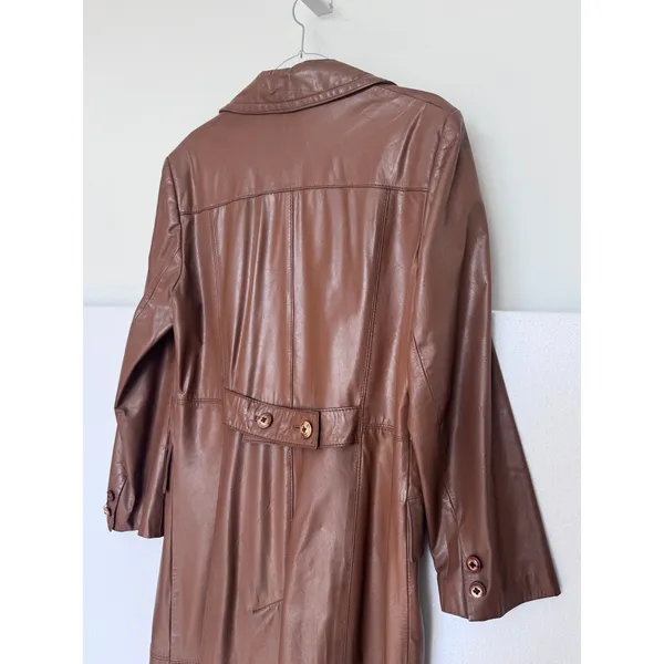 1970s The Tannery For Montgomery Ward Brown Leather Trench Coat M Long Coat - Image 7