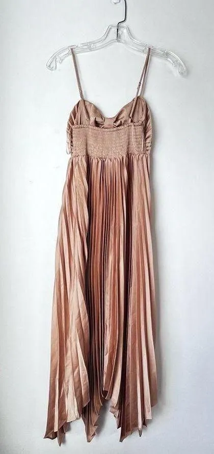Petal & Pup Vikki Gold Satin Pleated Asymmetrical Hem Midi Dress 2 - Image 12