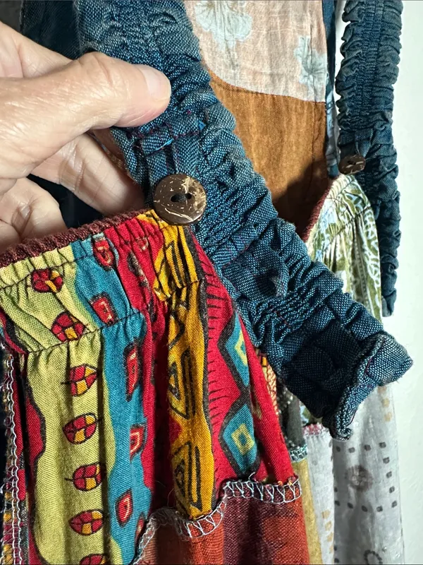 NEW Patchwork Jumpsuit Overalls Granola Girl Hippie Pockets Stretchy Straps Fall - Image 7