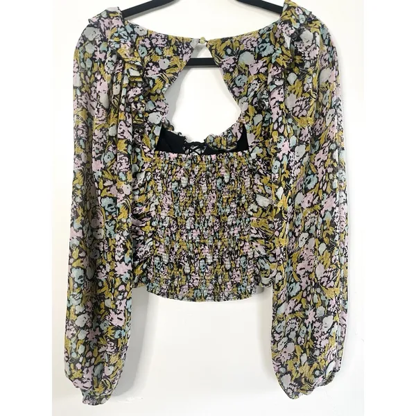 Free People Mabel Floral Printed‎ Ruched Smocked Crop Top Long Sleeve Blouse S - Image 11