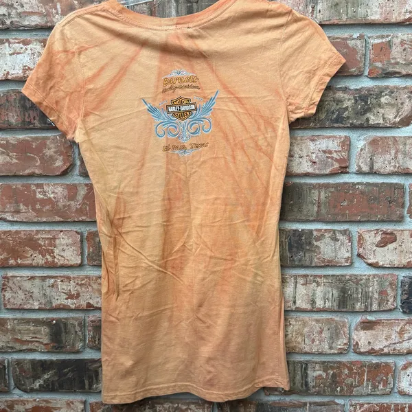 Harley Davidson Orange Y2K Fitted Tee Size Small Womens Biker Grunge Motorcycle - Image 2