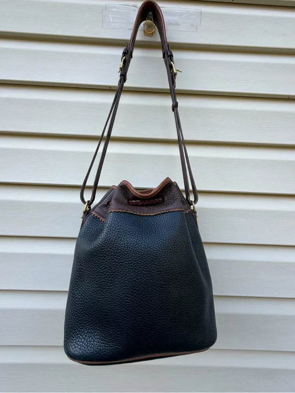Vintage Dooney & Bourke All Weather Leather Black Brown Drawstring Bucket Bag - Image 9