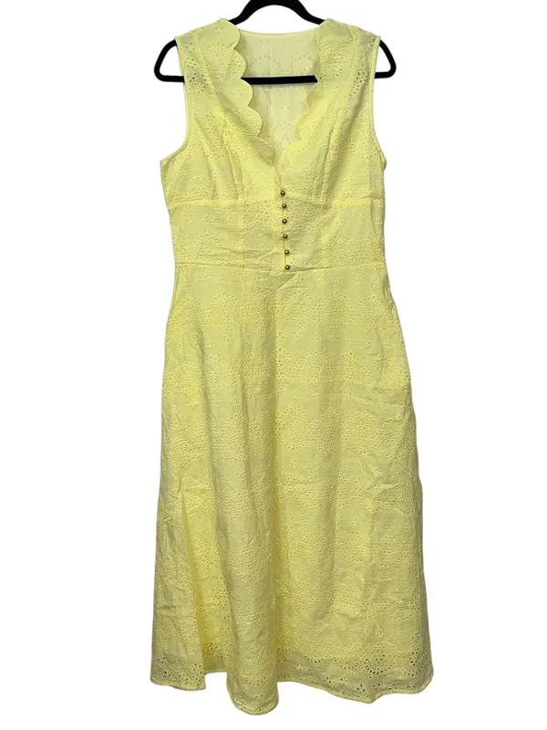 Commense Cotton Yellow Eyelet Midi Dress Scalloped V-Neck Sleeveless NWT Large - Image 2