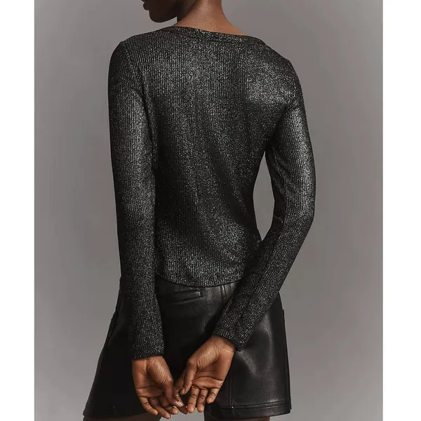 Anthropologie Pilcro Andie Ribbed Spotlight Henley Small Black Metallic Long Sleeve Goth Party - Image 3