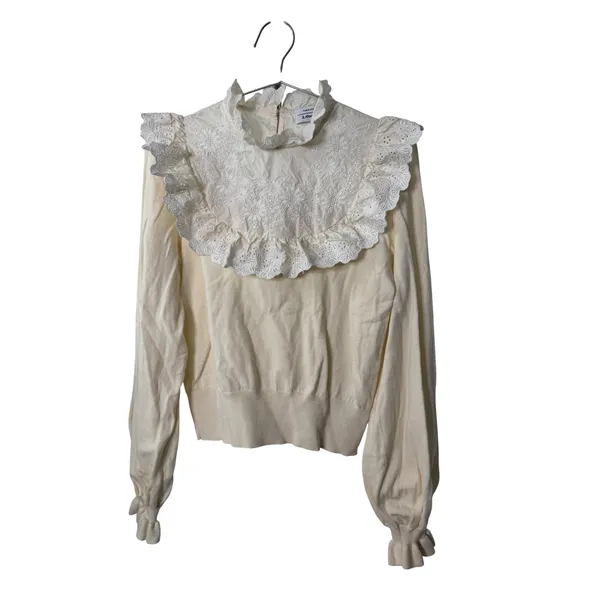& Other Stories Sweater Cream Eyelet Lace Ruffle Bib Balloon Sleeve Paris Top - Image 2