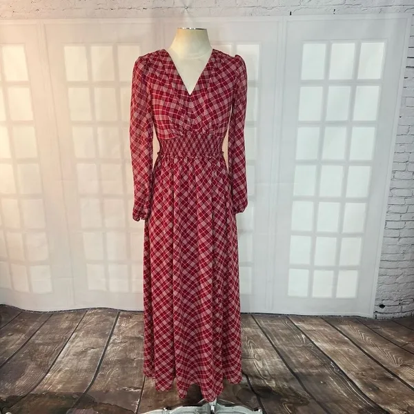 Gal meets glam Robyn maroon plaid long sleeve maxi dress size 0 - Image 3