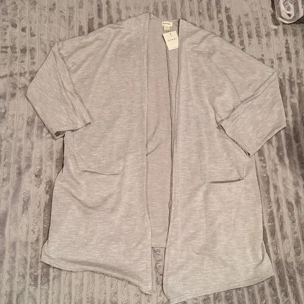 DONNI. Gray‎ White Striped Ribbed Open Front Duster Cardigan Kimono NWT OSFA - Image 2