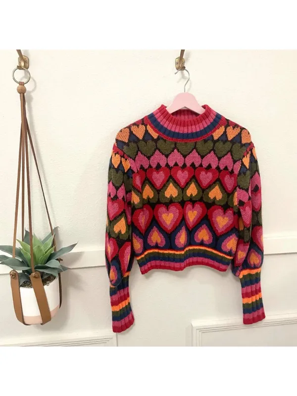 FARM RIO Full Of Hearts Jacquard Mock Neck Sweater Size S Multicolored Knit - Image 2
