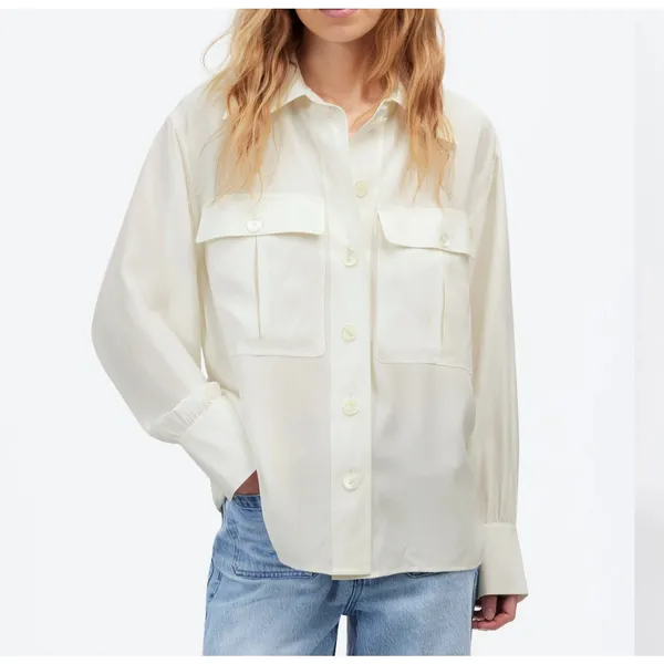 Madewell NEW 100% Silk Utility Pocket Button Up Shirt Women XL Cream Classic - Image 2