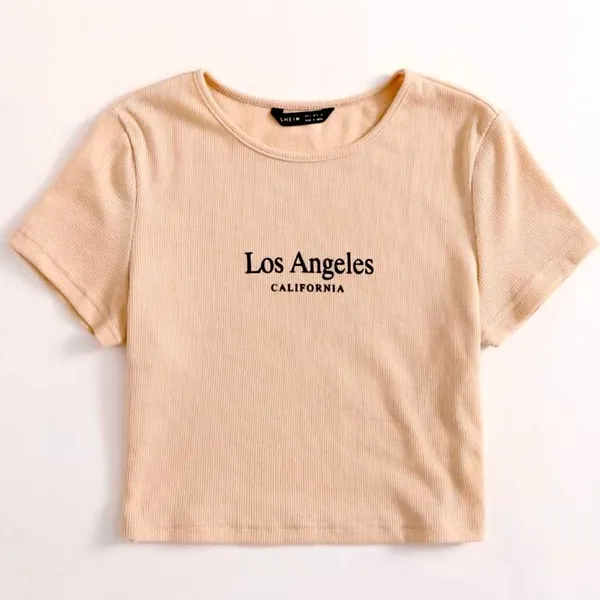 SHEIN Beige “Los Angeles California” Short Sleeve Ribbed Fitted Crop Top - Image 2
