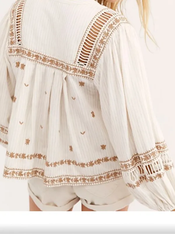 Free People Cream Boho Embroidered Peasant Blouse with Tan Accents - Image 3