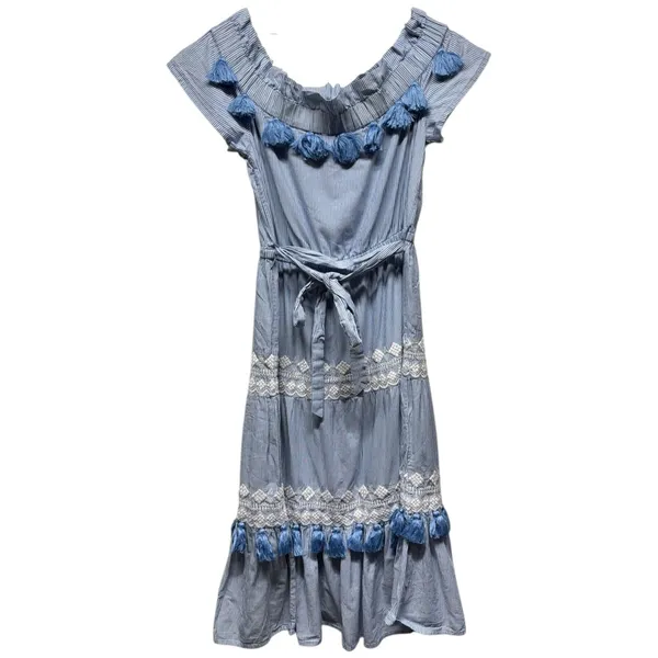 Tularosa Lana‎ Midi Dress Blue Stripe Embroidered Off Shoulder Tiered Tassel - Image 3