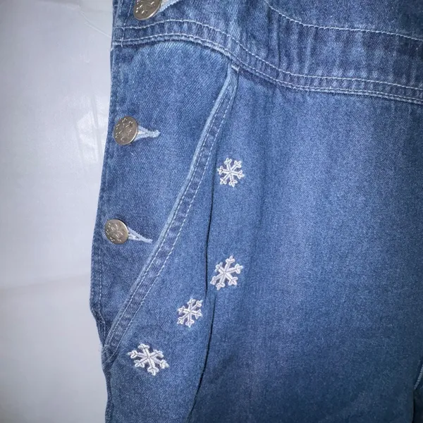 Vintage Disney Winnie the Pooh Eeyore Denim Overalls Blue Snowflake Embroidered - Image 6
