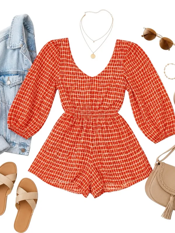 Altar’d State Orange Red Plaid Smocked Romper Women’s Medium Balloon Sleeve EUC - Image 2