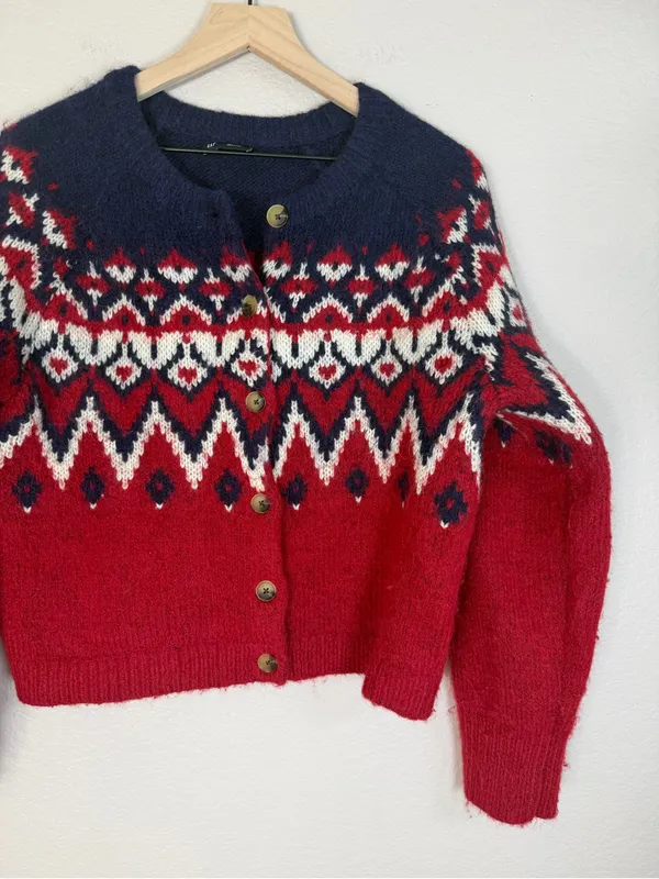 Gap Fair Isle Brushed Alpaca Wool Cardigan Sweater Medium Red Navy Blue $80 - Image 8