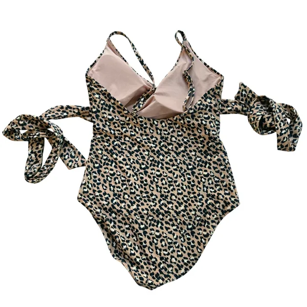 Aerie Leopard Print Wrap One Piece Swimsuit Tan Black Cutout Tie Waist L Long - Image 7