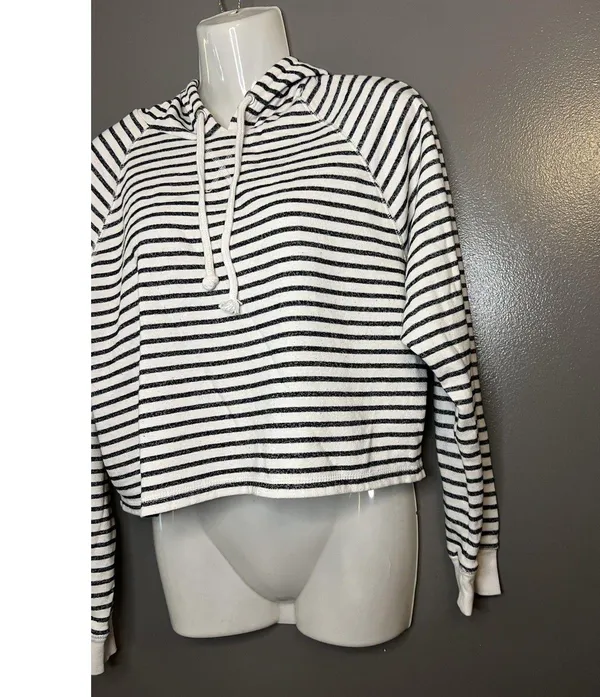 H&M Divided Hoodie Womens Medium Black White Striped Cropped Pullover Raglan - Image 3