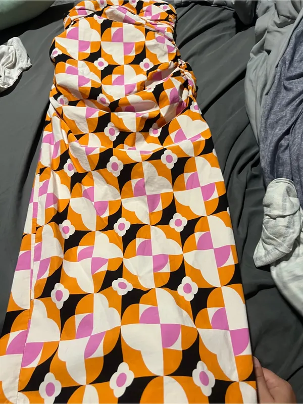 By Anthropologie Printed Strapless Slim Ruched Geometric Midi Dress - Image 13
