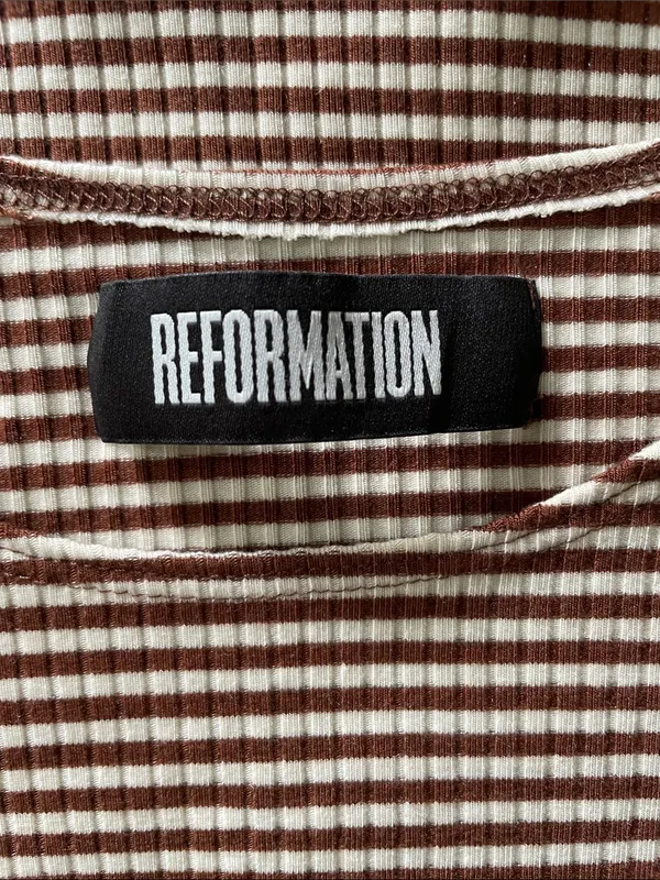 REFORMATION Cameron Crop Top Striped Fitted Elbow Sleeve Baby Tee Brown White XS - Image 5