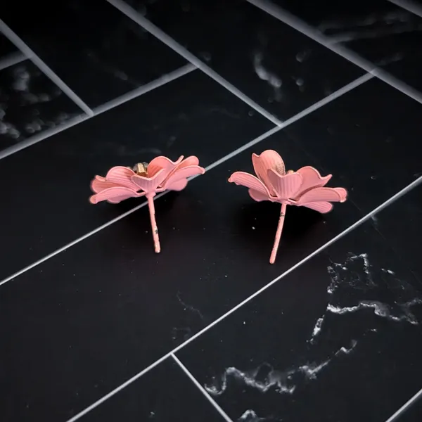 Vintage Stud Earrings Peachy Pink Flower with Gem Retro Floral - Image 5