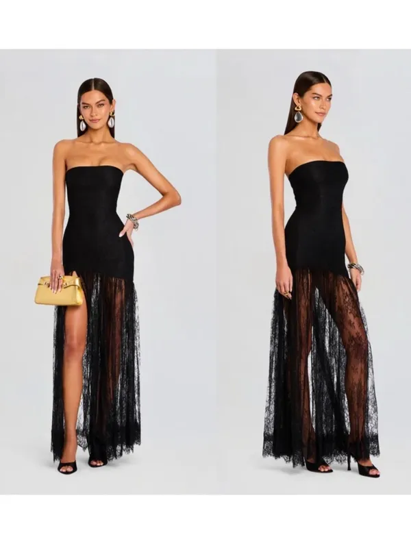 RETROFETE Jeanette Strapless Lace Sheer Black Maxi‎ Dress Size XS - Image 2