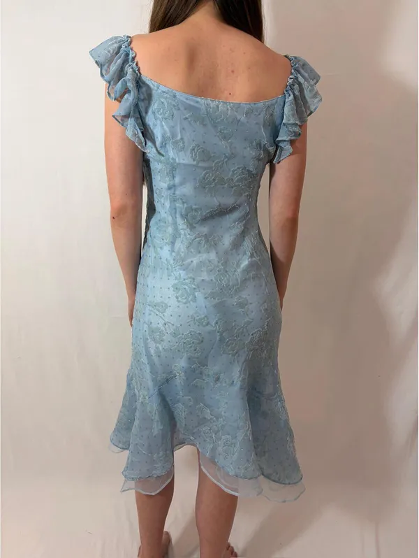 Light Blue Rose Floral Velvet Ruffle Japanese Vintage Formal Coquette Dress - Image 4