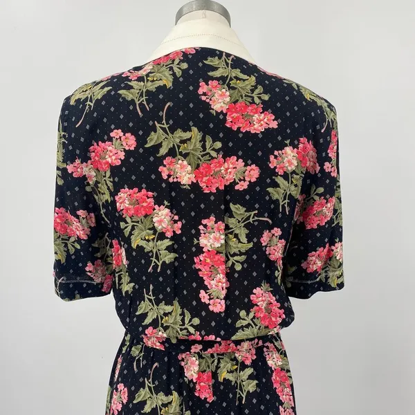 Vintage 80s Floral Shirtdress Button Down Belted Maxi Union Made Black Pink XS - Image 8
