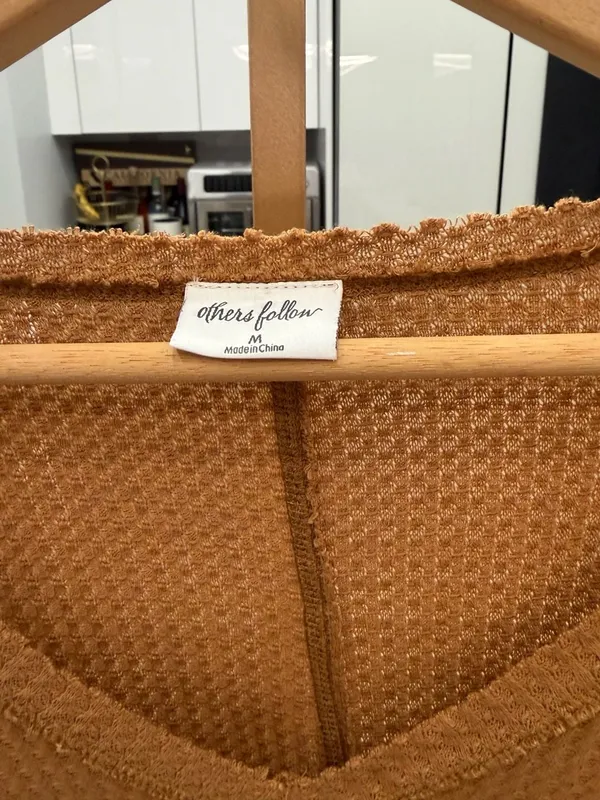Others Follow Brown Waffle Knit V-Neck Cropped Long‎ Sleeve Top Size M - Image 3