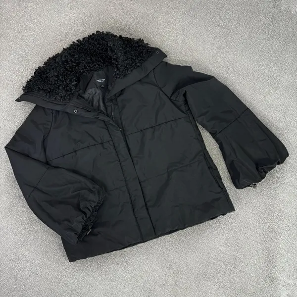 Simply Vera Puffer Jacket Faux Fur Collar Hood‎ Black Medium Balloon Sleeve - Image 16
