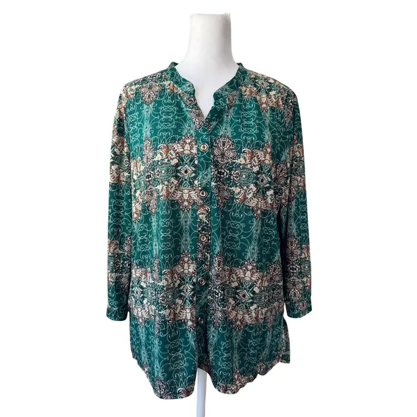 Green, Cream & Brown Long Sleeve Relaxed Fit Lightweight Button Front Blouse - Image 2