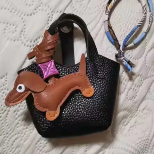 Mini Leather Bag For AirPods Case With Tiny Dachshund As Decor Black Set Brown - Image 3