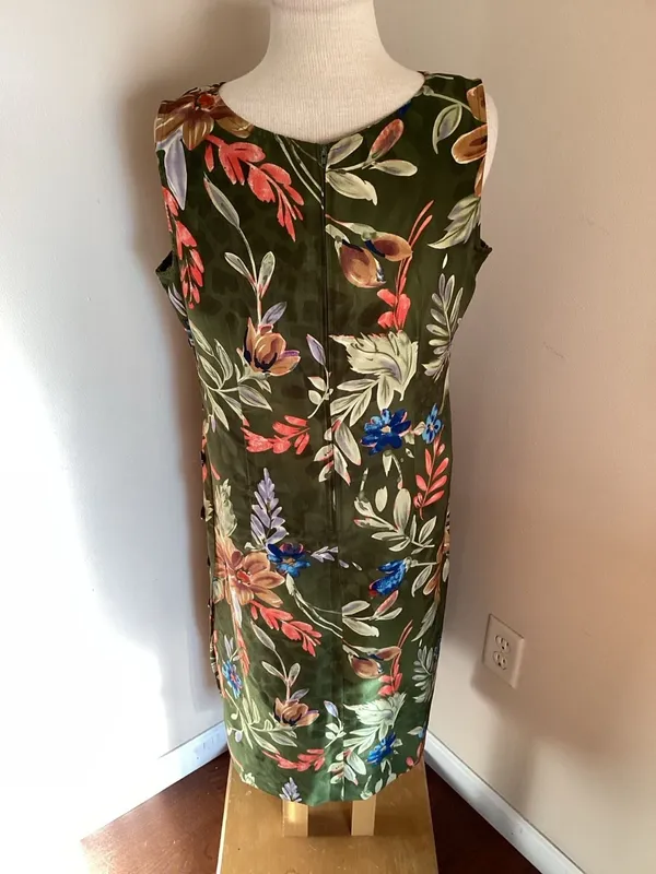 Vintage White Stag Olive Green Floral Sleeveless Midi Dress with Side Buttons Si - Image 4