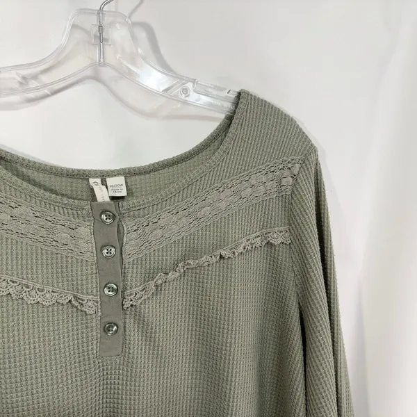 Cato Plus Size 18 20 Top Sage Green‎ Long Sleeve Waffle Knit Thermal Lace 771 - Image 3